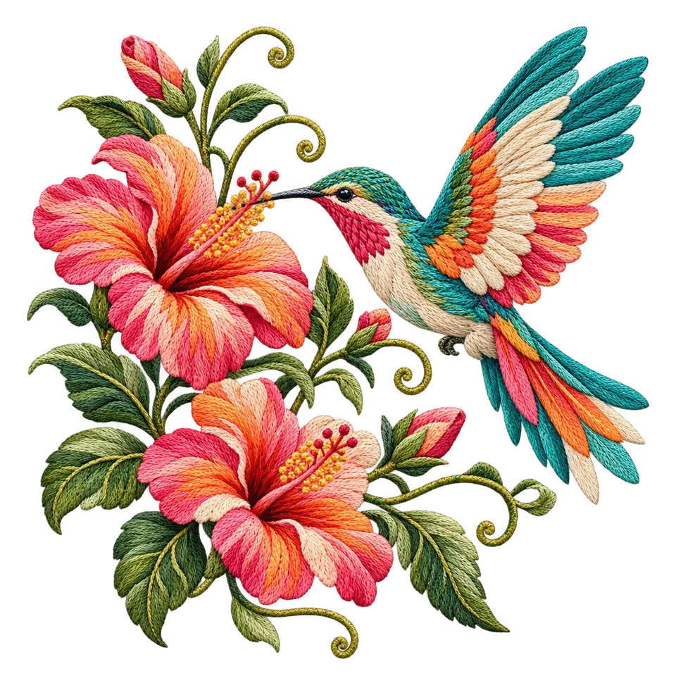 Hummingbird and hibiscus embroidery illustration